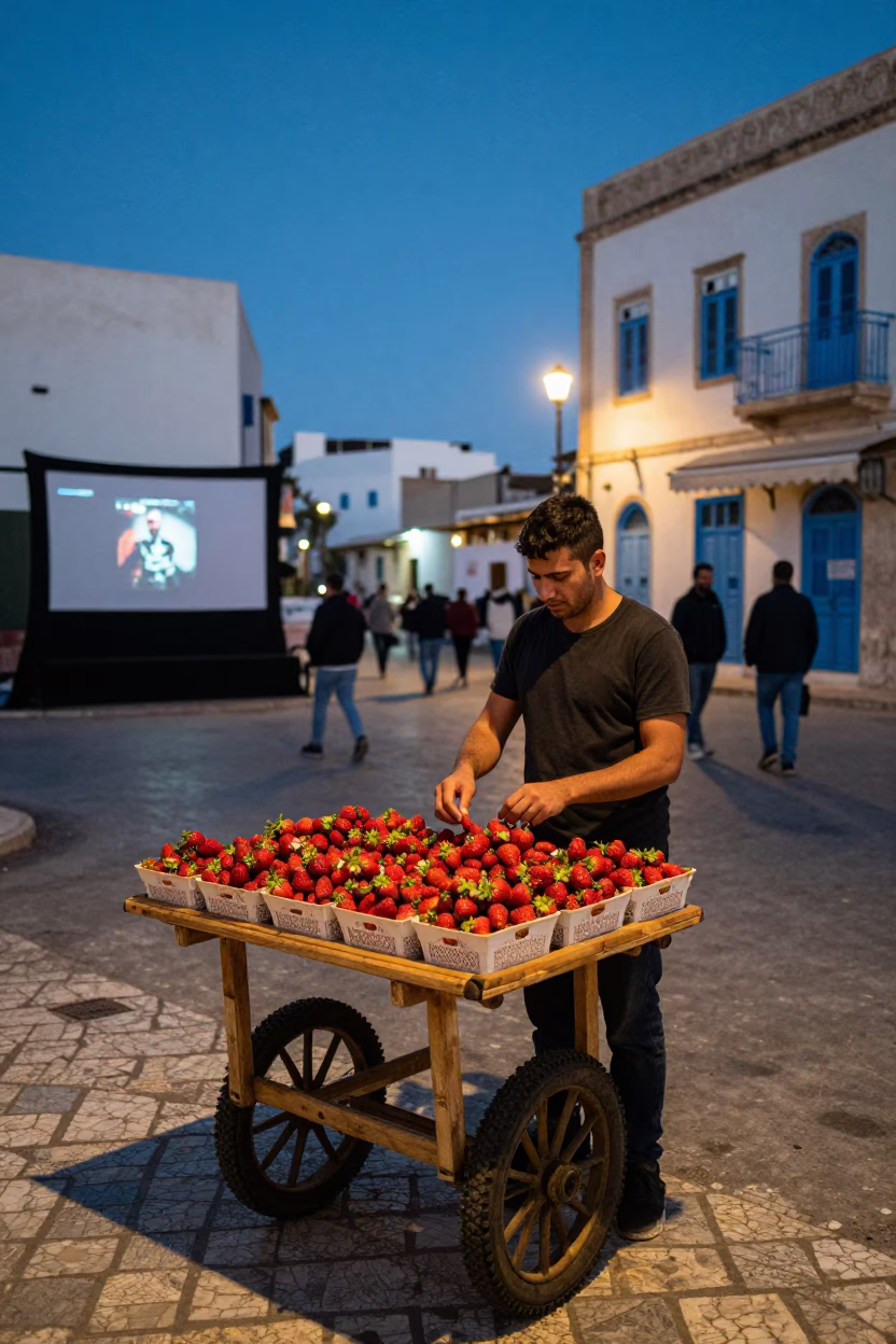 Tunis Tunisia evening street scene with outdoor cinema and strawberries in in Tunis, Tunisia