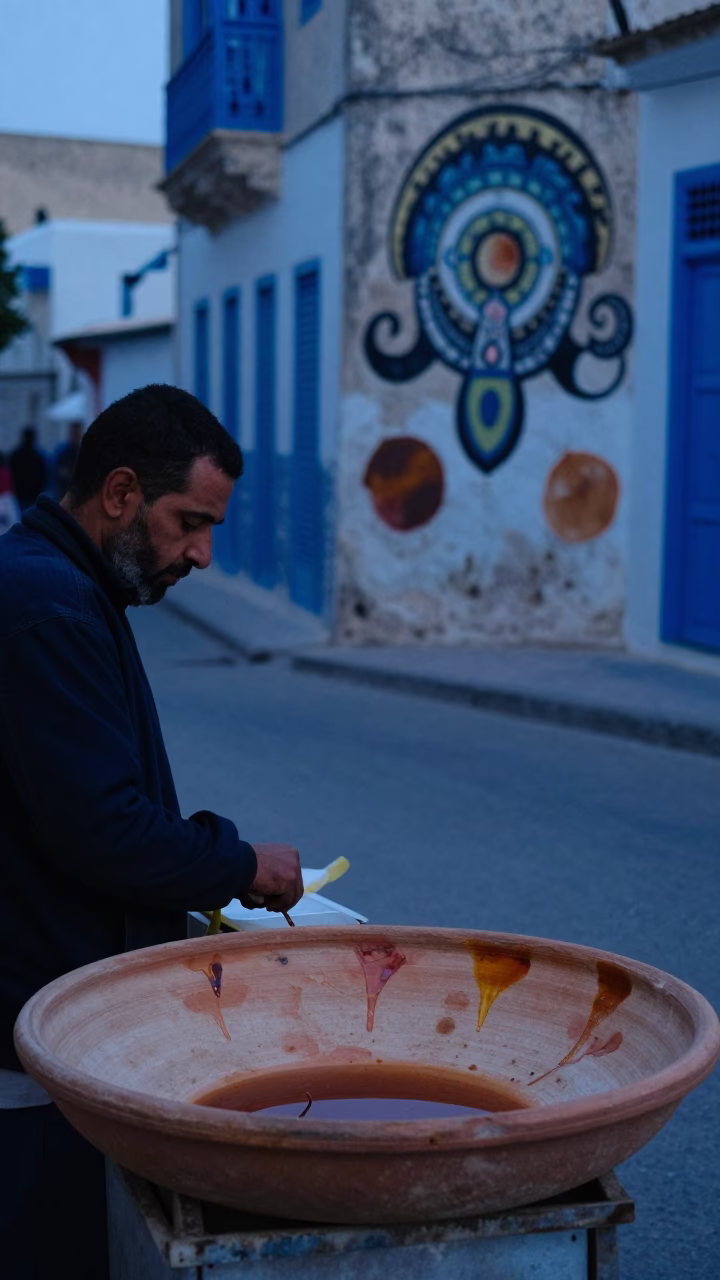 Tunis Tunisia Evening Street Scene with Tea Stains and Mural Swatches in in Tunis, Tunisia