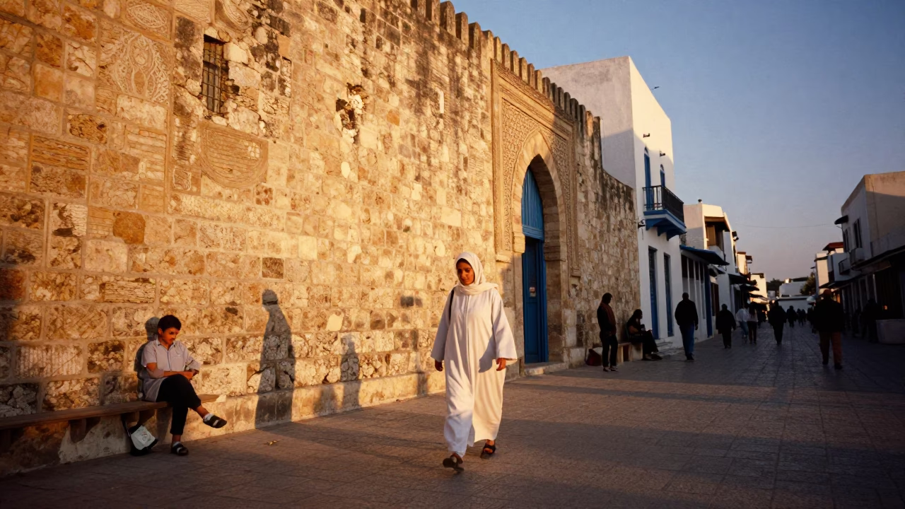 Tunis Tunisia Evening Street Scene with Traditional Attire and Architecture in in Tunis, Tunisia