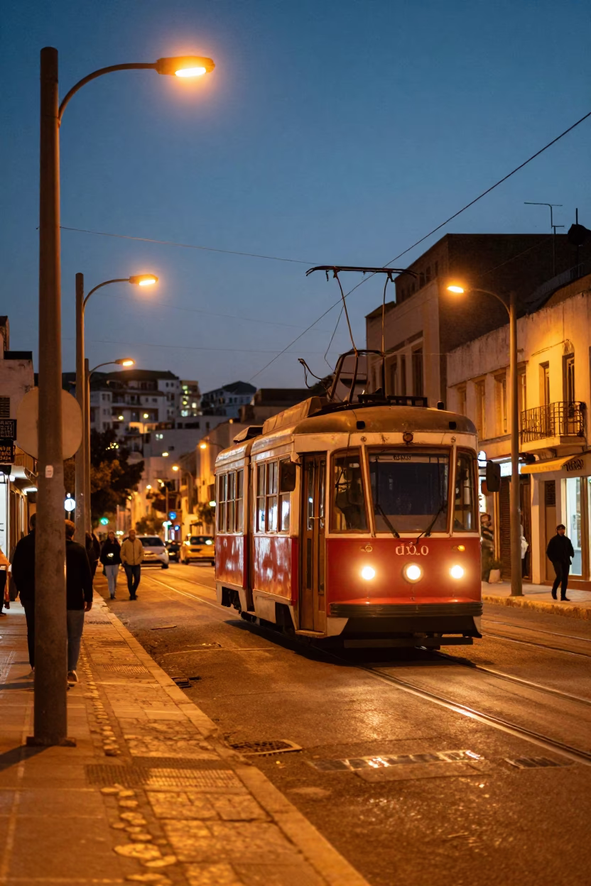 Tunis Tunisia Evening Street Scene with Tram and City Lights Glow in in Tunis, Tunisia