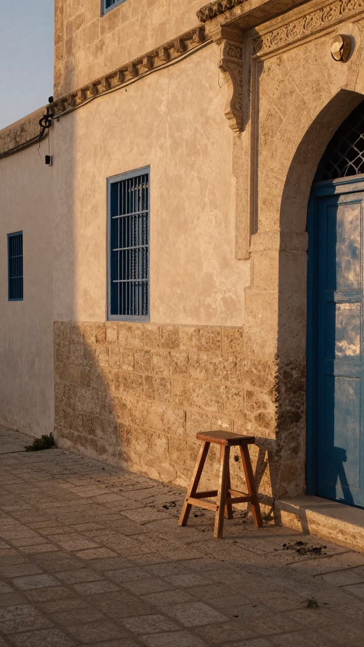 Tunis Tunisia Evening Street Scene with Work Stool and Traditional Architecture in in Tunis, Tunisia