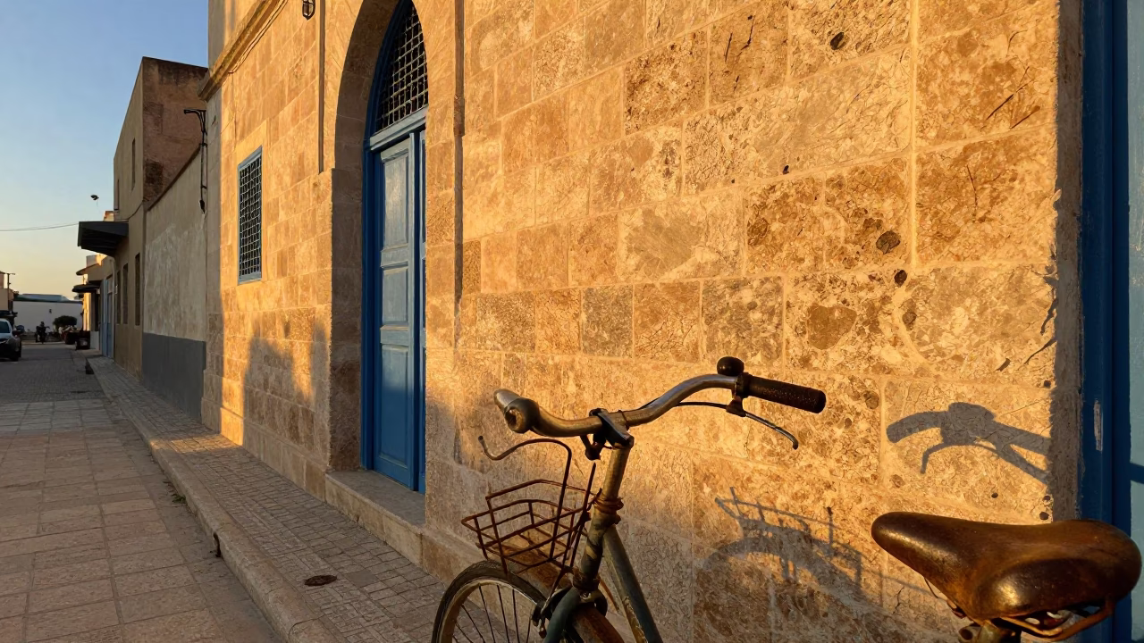 Tunis Tunisia Golden Hour Street Scene with Rusty Bicycle Handle and Taper Candle in in Tunis, Tunisia