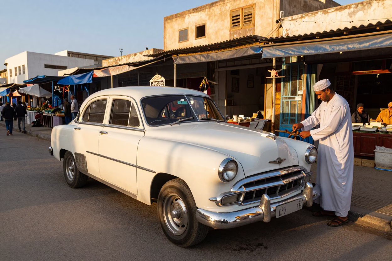 Tunis Tunisia Golden Hour Street Scene with Vintage Car and Local Market Activity in in Tunis, Tunisia