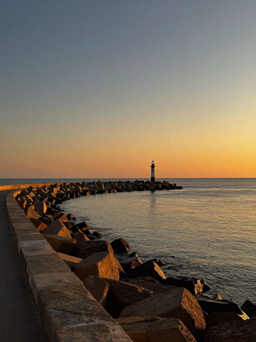 Tunis Tunisia honeyed evening light harbor breakwater curve and lonely beacon realistic landscape in in Tunis, Tunisia
