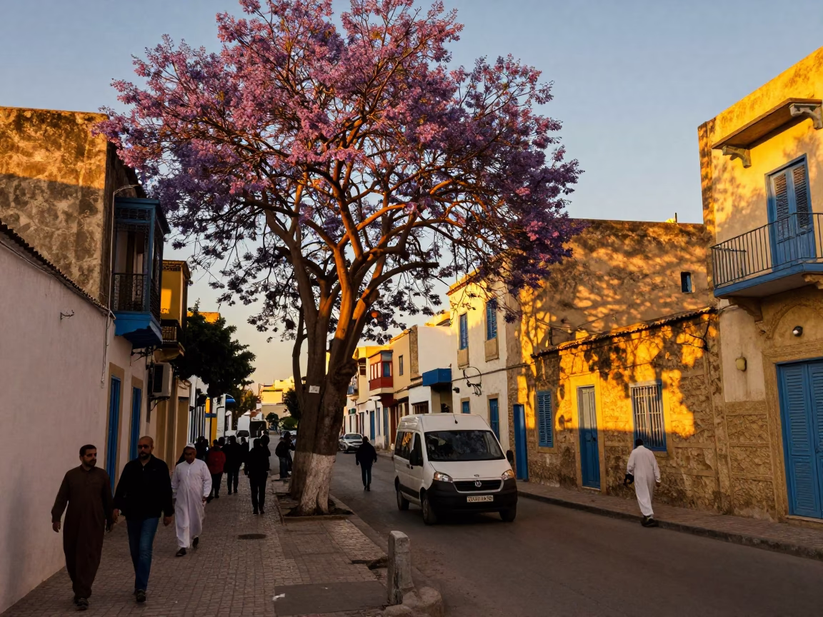 Tunis Tunisia Honeyed Evening Light Street Scene with Jacaranda Tree and Local Life in in Tunis, Tunisia