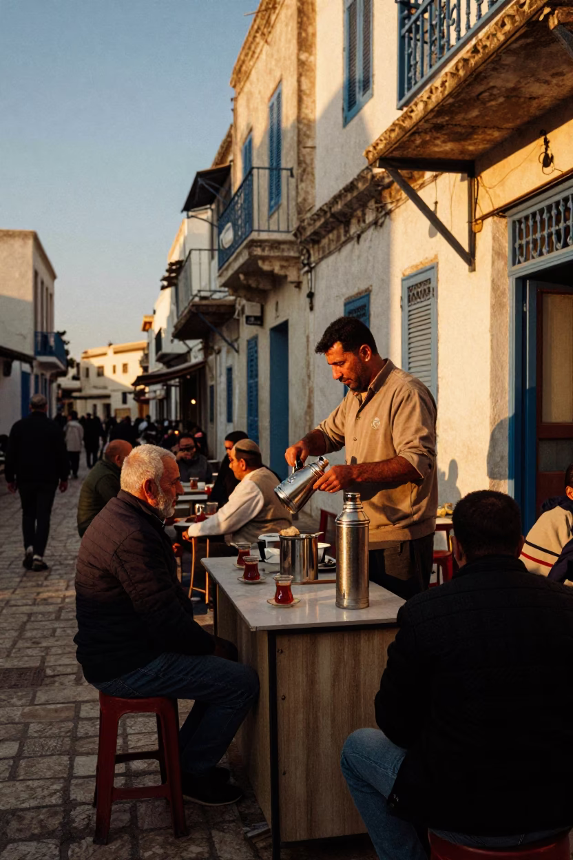 Tunis Tunisia Honeyed Evening Light Street Scene with Local Cafe Details in in Tunis, Tunisia