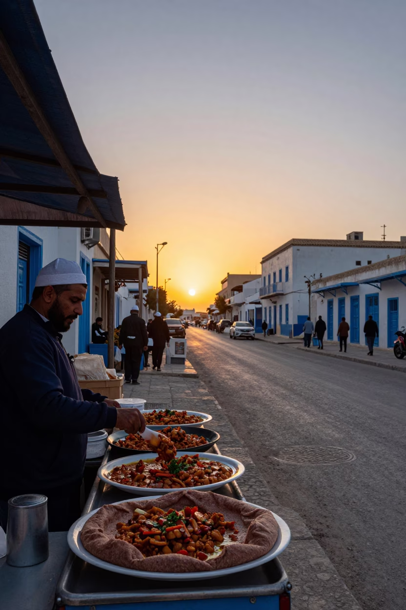 Tunis Tunisia Horizon Sunset Street Scene with Local Food and Urban Life in in Tunis, Tunisia
