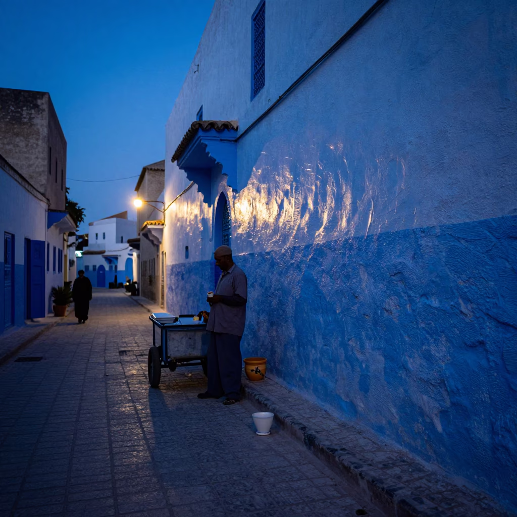 Tunis Tunisia indigo twilight street scene with ceramic cup and plaster wall details in in Tunis, Tunisia