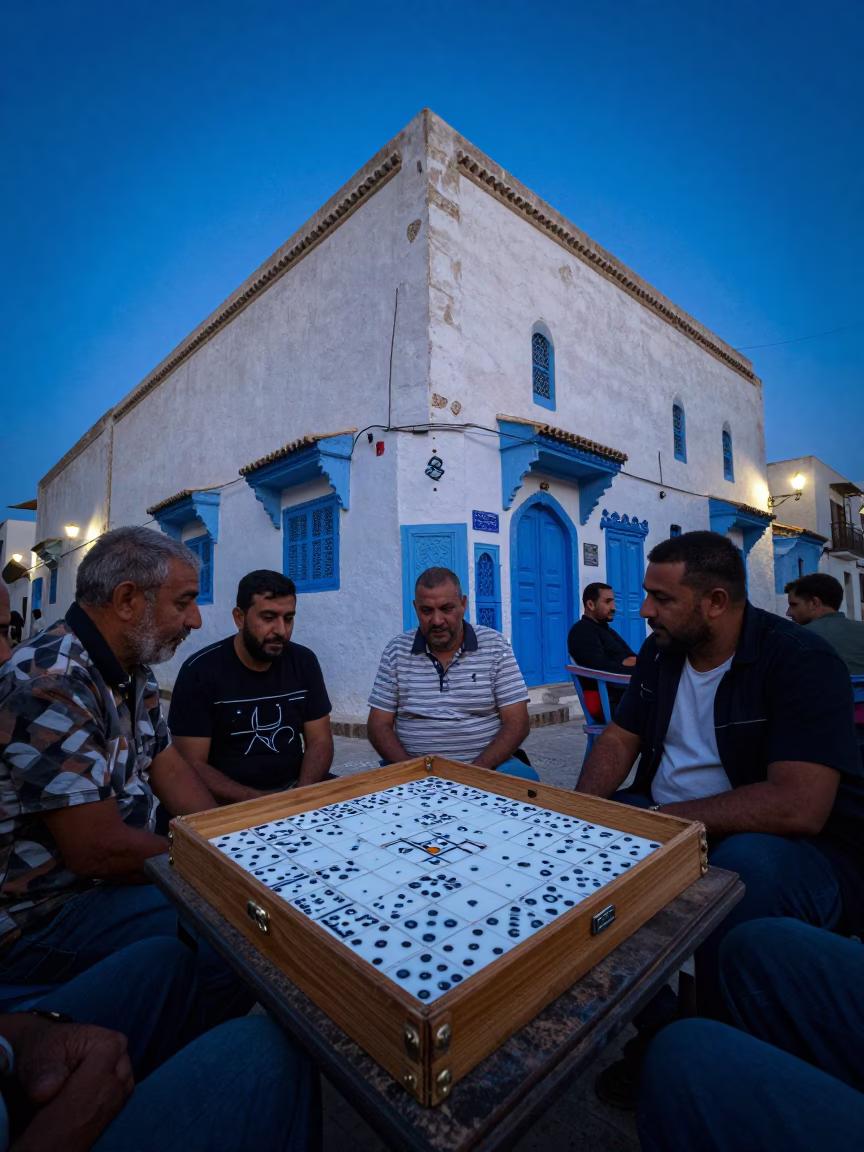 Tunis Tunisia Indigo Twilight Street Scene With Domino Game And Substation Fence in in Tunis, Tunisia