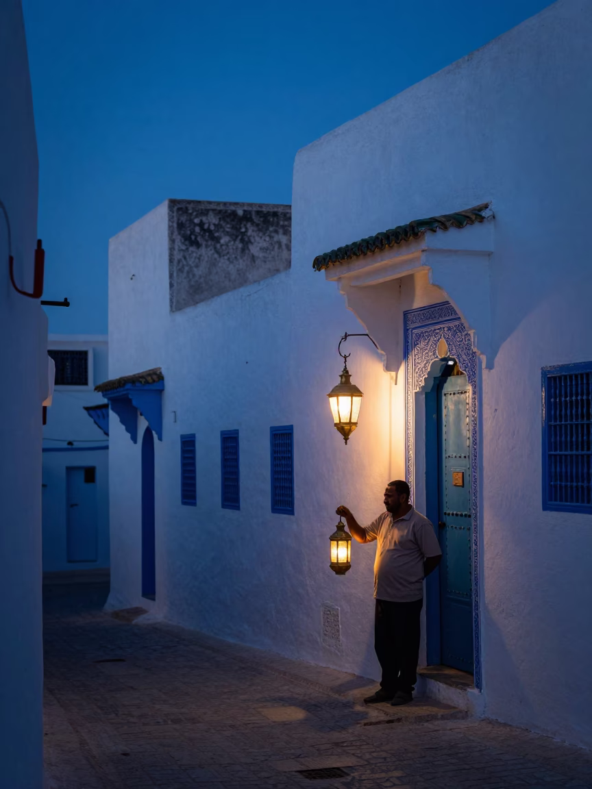 Tunis Tunisia Indigo Twilight Street Scene with Hanging Lanterns and Traditional Architecture in in Tunis, Tunisia