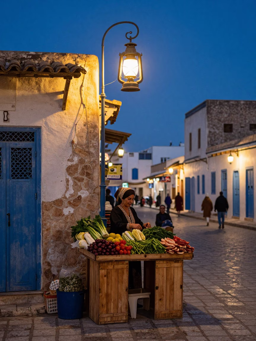 Tunis Tunisia indigo twilight street scene with oil lamp and bustling market activity in in Tunis, Tunisia