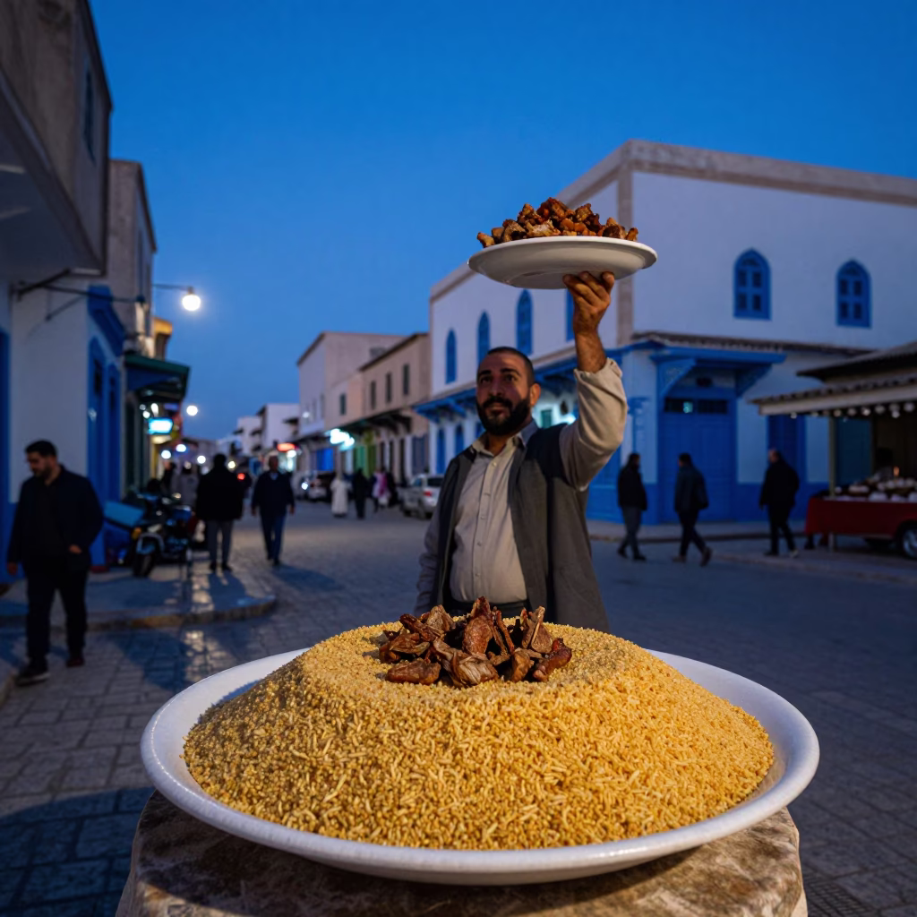 Tunis Tunisia indigo twilight street scene with plate of kibbeh and cracked wheat in in Tunis, Tunisia