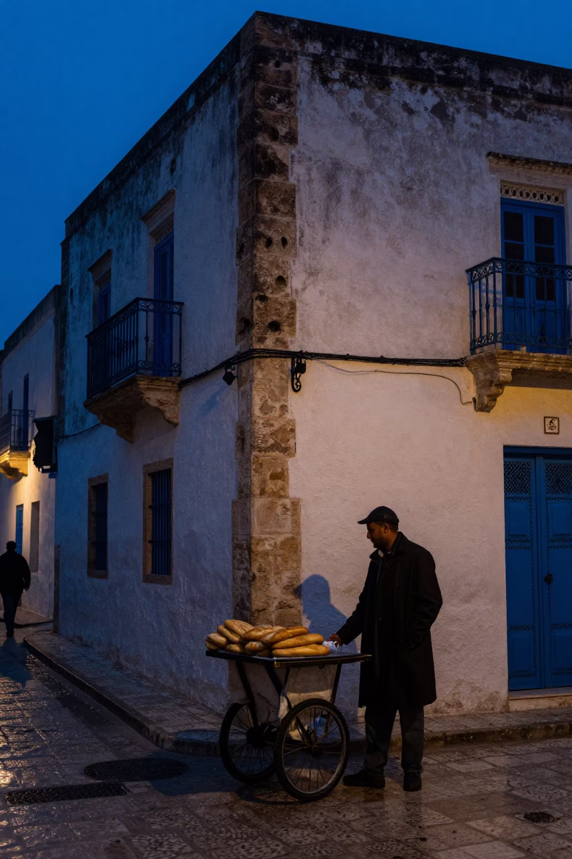 Tunis Tunisia indigo twilight street scene with raincoats and bread loaves in in Tunis, Tunisia