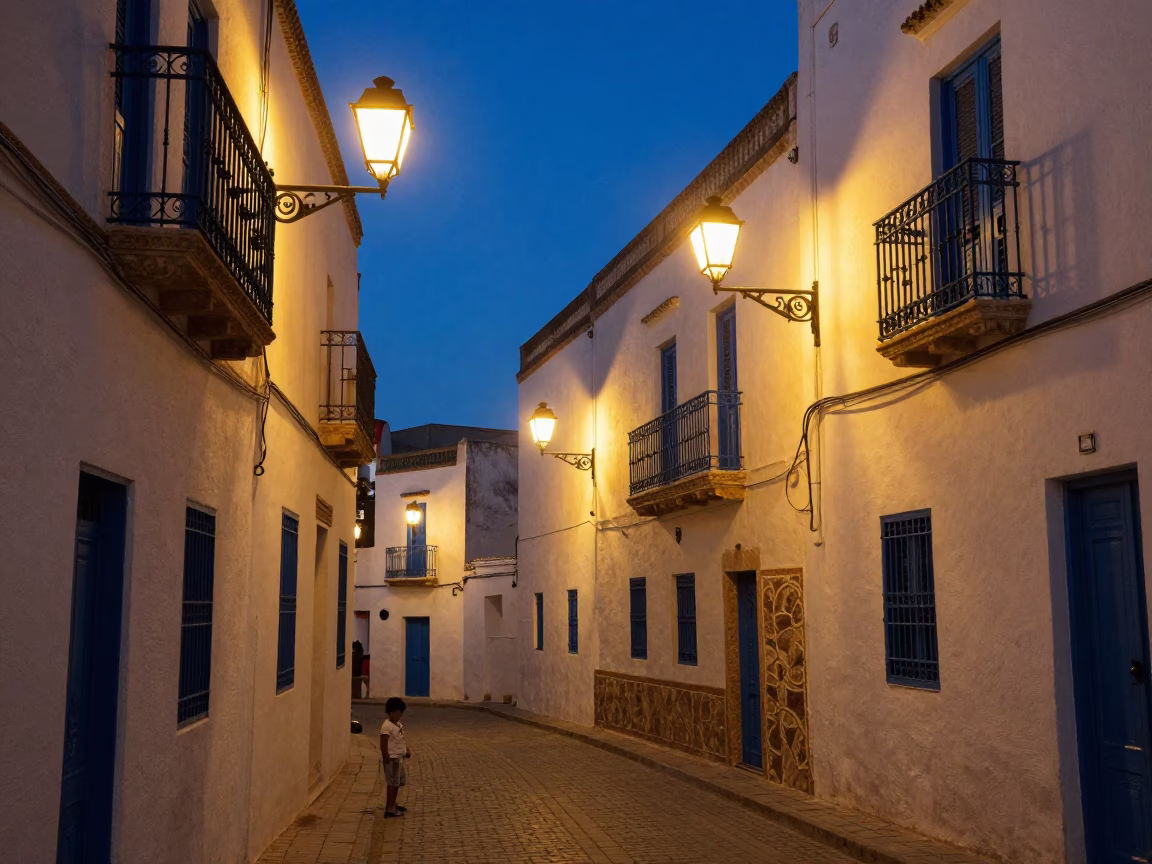 Tunis Tunisia indigo twilight street scene with traditional architecture and local life in in Tunis, Tunisia