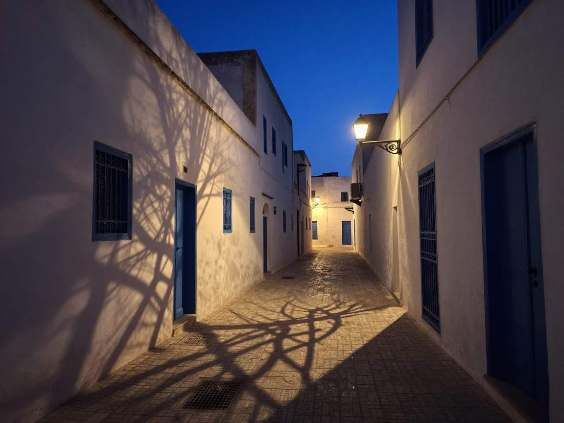 Tunis Tunisia indigo twilight street scene with wicker shadow on plaster wall and jar in in Tunis, Tunisia