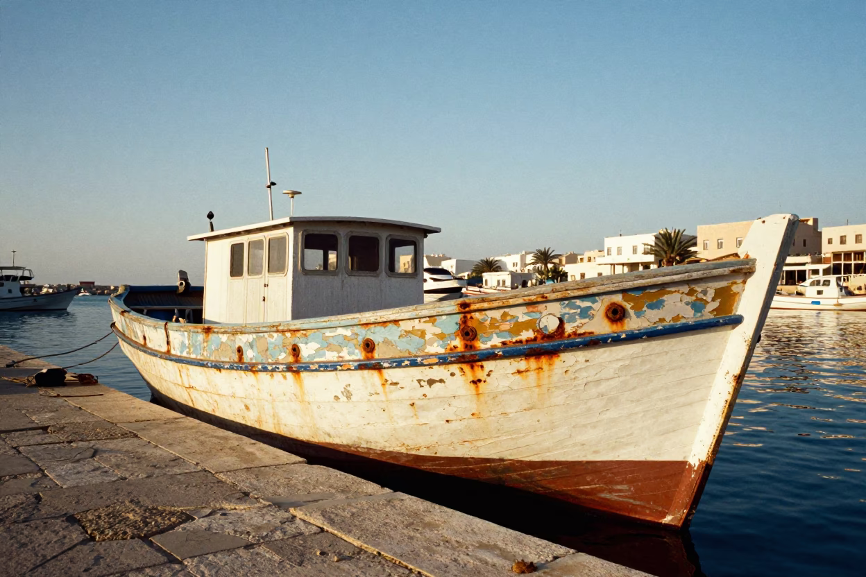 Tunis Tunisia Late Afternoon Harbor Junk Boat Docked Near Medina Walls in in Tunis, Tunisia