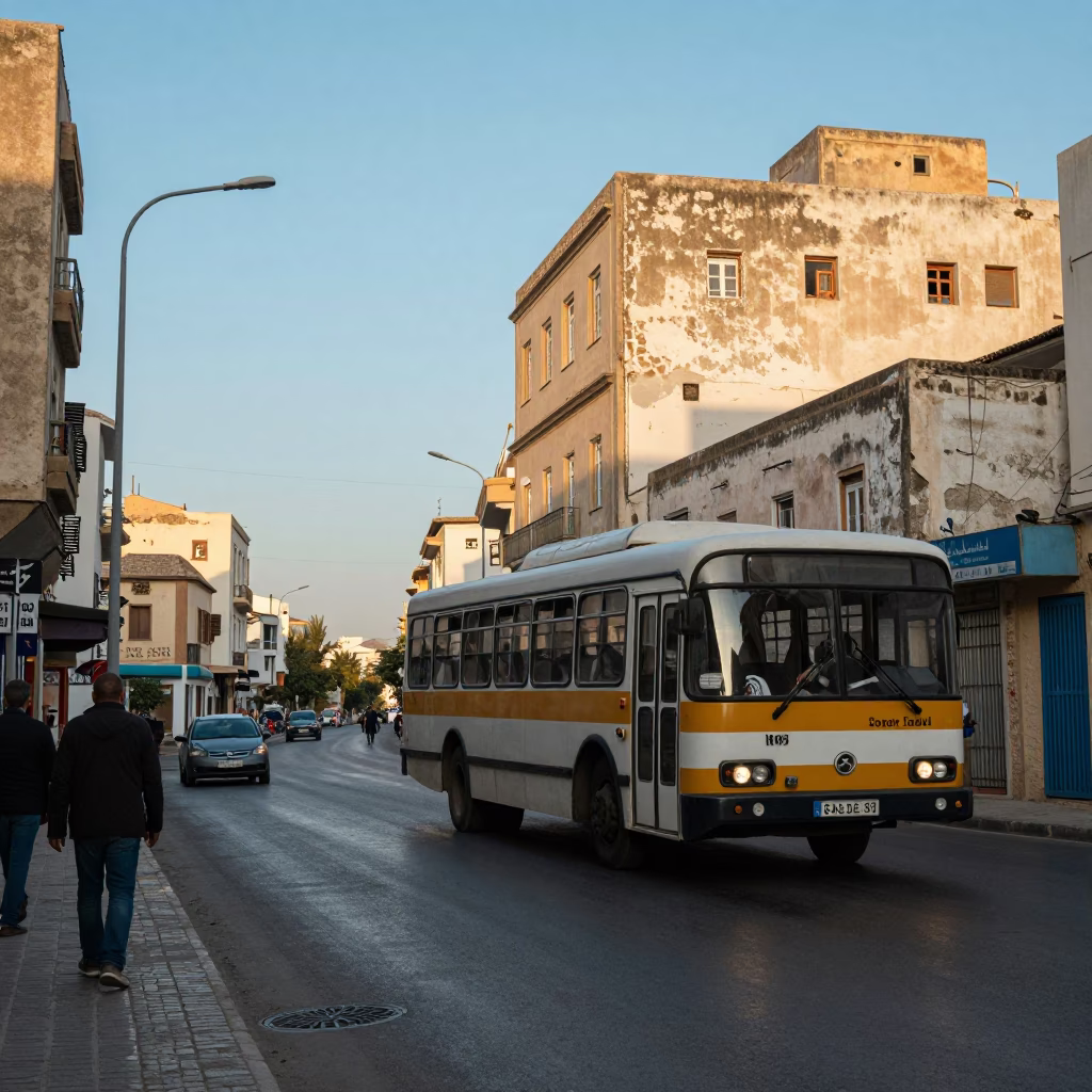 Tunis Tunisia Late Afternoon Street Scene with Classic Bus and Local Life in in Tunis, Tunisia