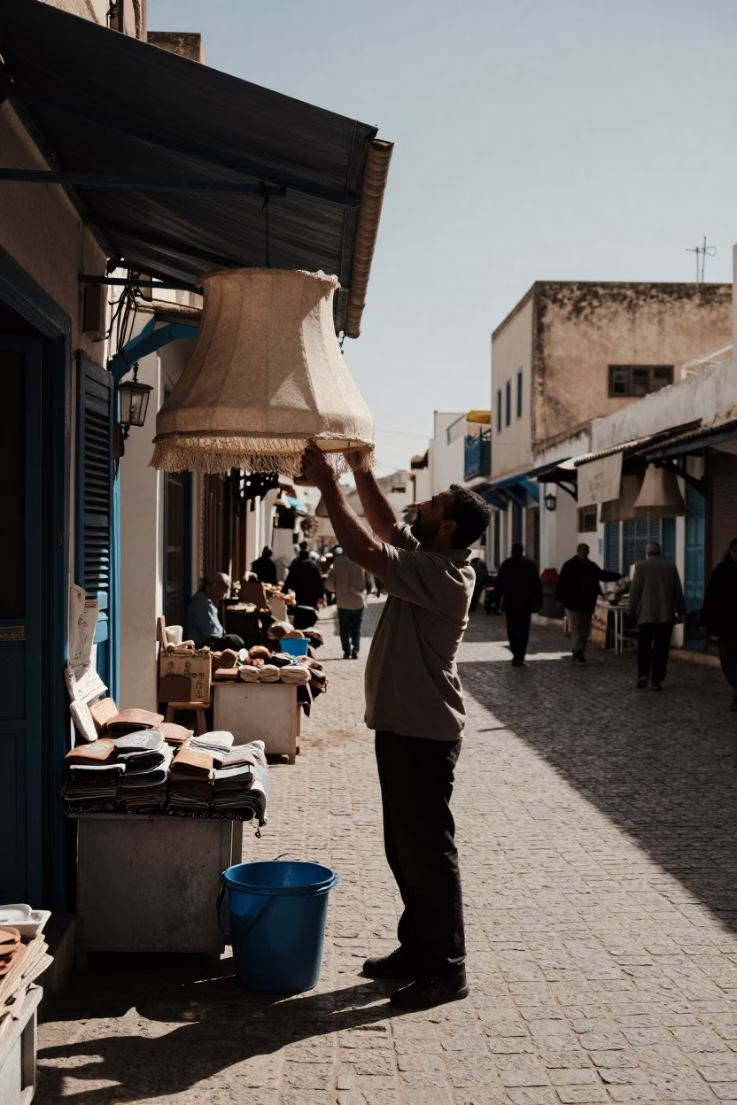 Tunis Tunisia Late Afternoon Street Scene with Lampshade and Bucket Light in in Tunis, Tunisia