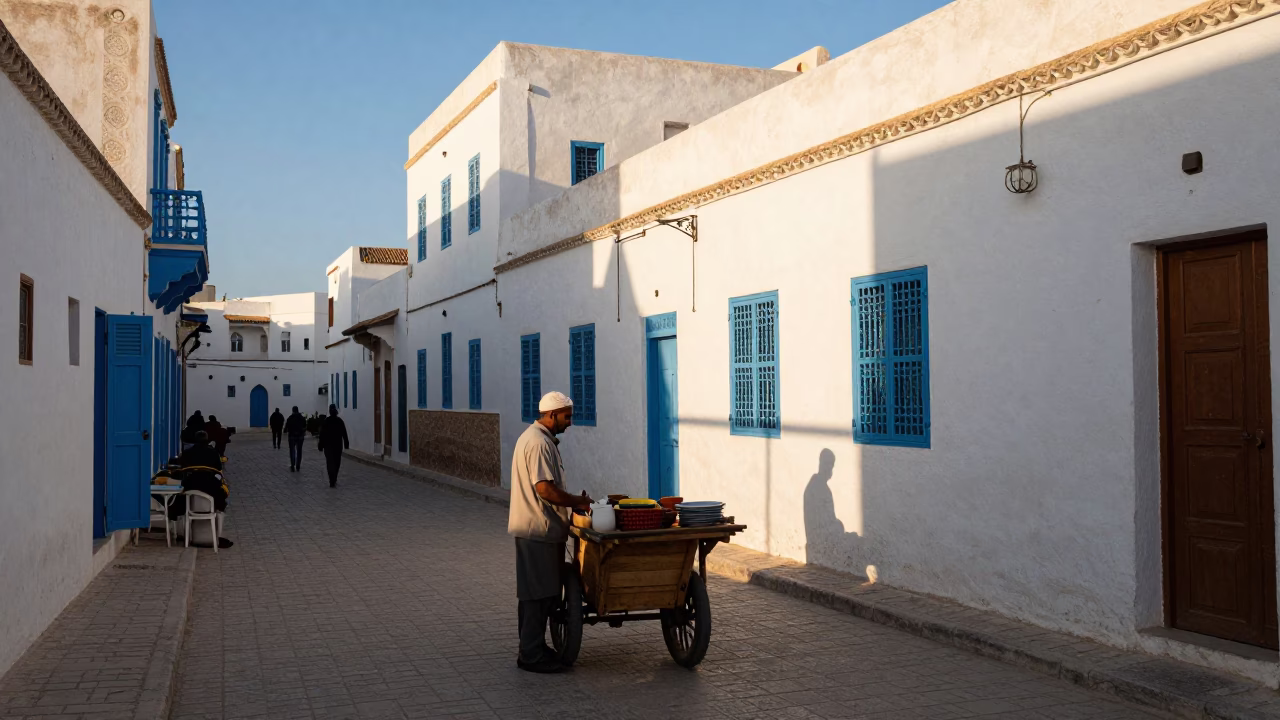 Tunis Tunisia Late Afternoon Street Scene with Local Vendor and Traditional Architecture in in Tunis, Tunisia