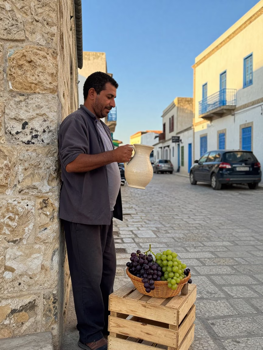 Tunis Tunisia Late Afternoon Street Scene with Pitcher and Grapes in in Tunis, Tunisia