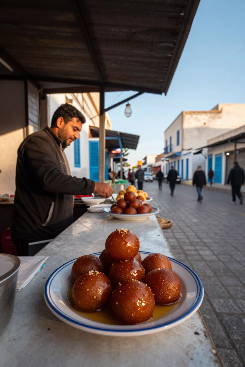 Tunis Tunisia Late Afternoon Street Scene with Traditional Food and Local Life in in Tunis, Tunisia