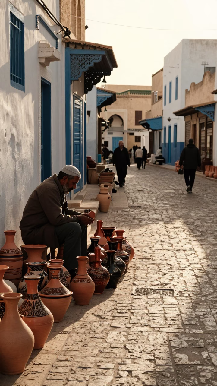 Tunis Tunisia Late Afternoon Street Scene with Traditional Pottery and Local Market Activity in in Tunis, Tunisia