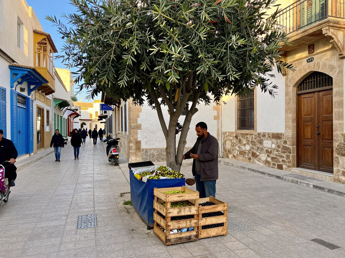 Tunis Tunisia Late Morning Street Scene with Olives and Local Commerce in in Tunis, Tunisia