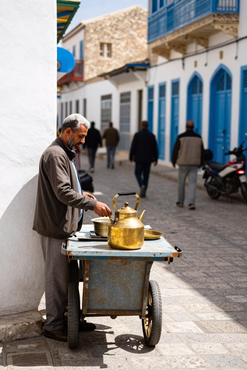 Tunis Tunisia Midmorning Street Scene with Brass Kettle and Local Vendor in in Tunis, Tunisia