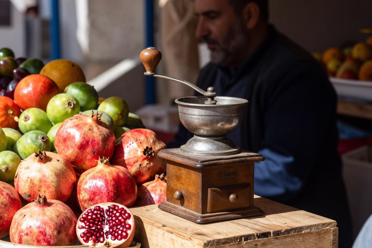 Tunis Tunisia Midmorning Street Scene with Coffee Grinder and Pomegranate in Busy Market in in Tunis, Tunisia