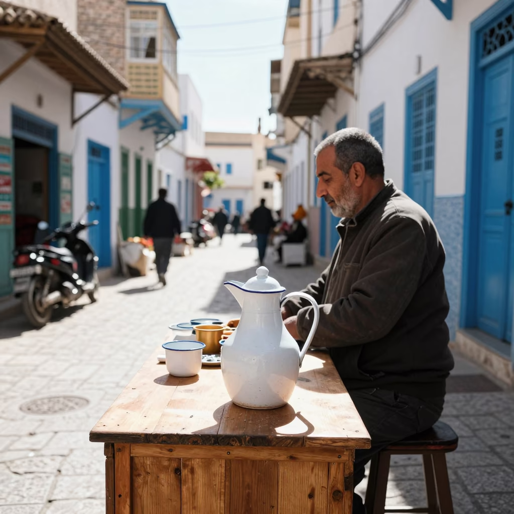 Tunis Tunisia Midmorning Street Scene with Enamel Pitcher and Local Market Activity in in Tunis, Tunisia