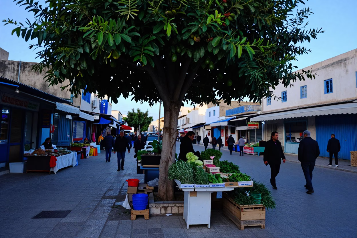 Tunis Tunisia Morning Market Street Scene with Avocado Tree and Local Commerce in in Tunis, Tunisia