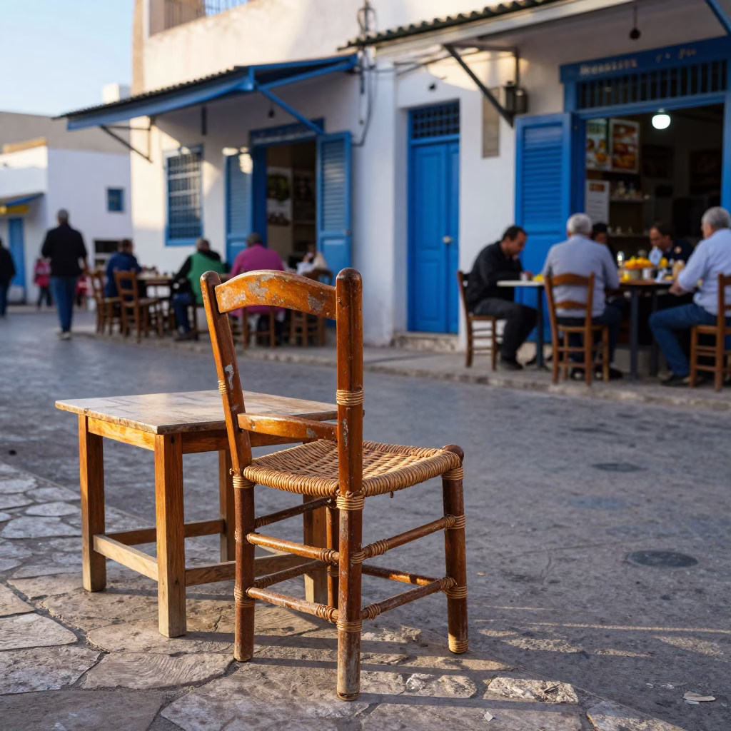 Tunis Tunisia Morning Street Scene with Rattan Chair and Thieboudienne Bowl in in Tunis, Tunisia