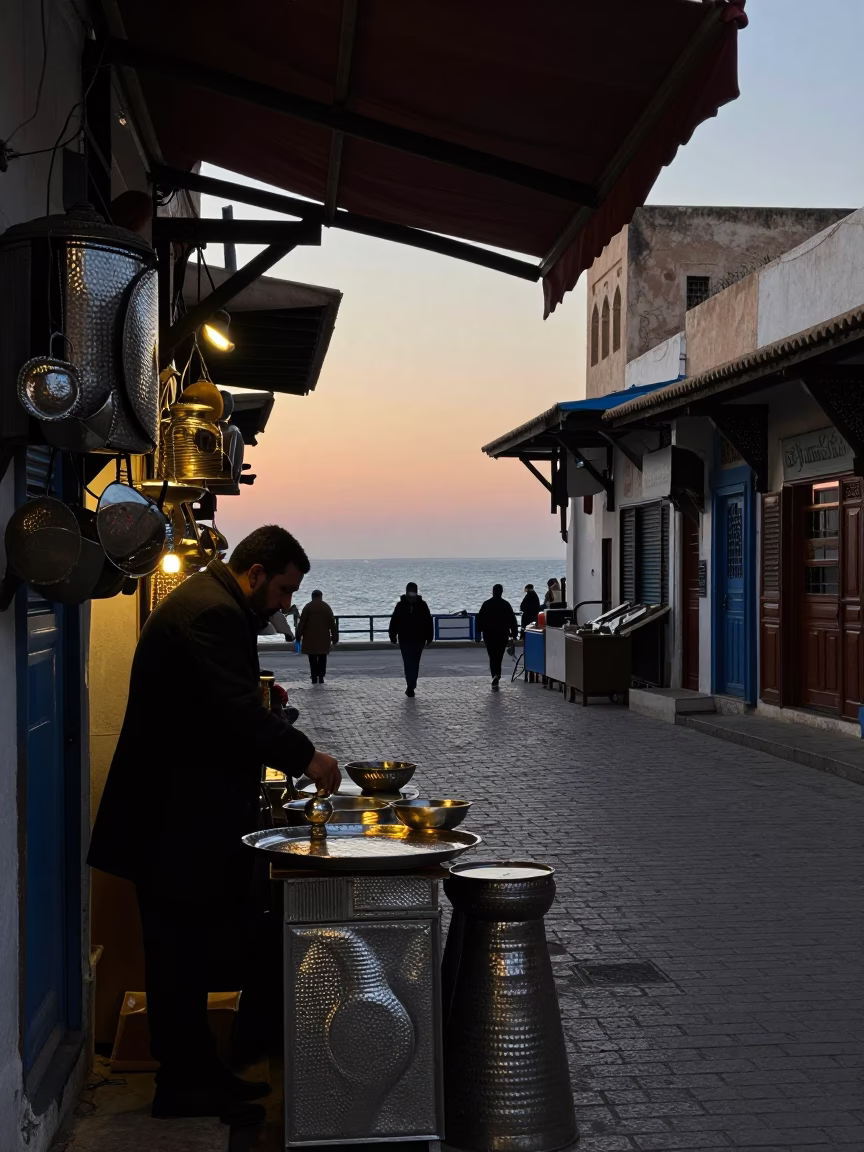 Tunis Tunisia Nautical Dawn Street Scene with Hammered Metal and Tea Towels in in Tunis, Tunisia