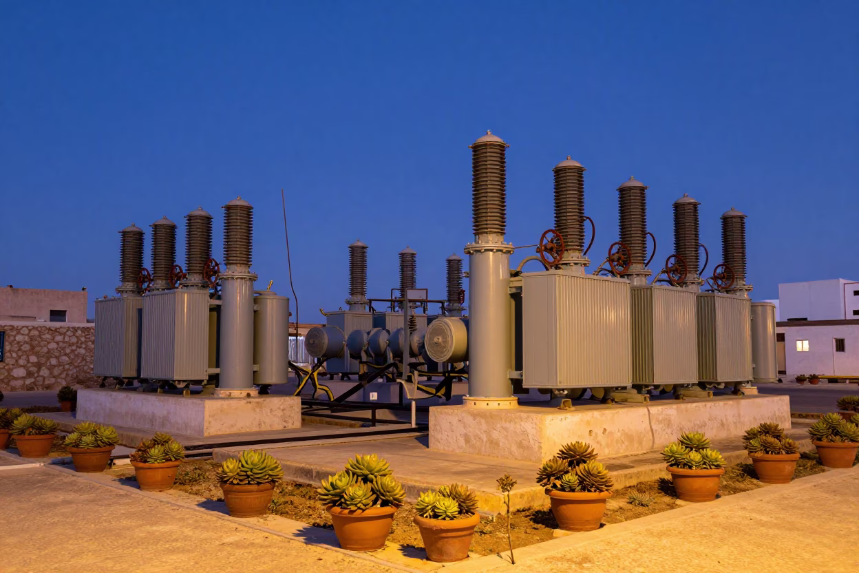 Tunis Tunisia Nautical Dawn Substation Transformer Yard With Potted Succulents And Brush in in Tunis, Tunisia