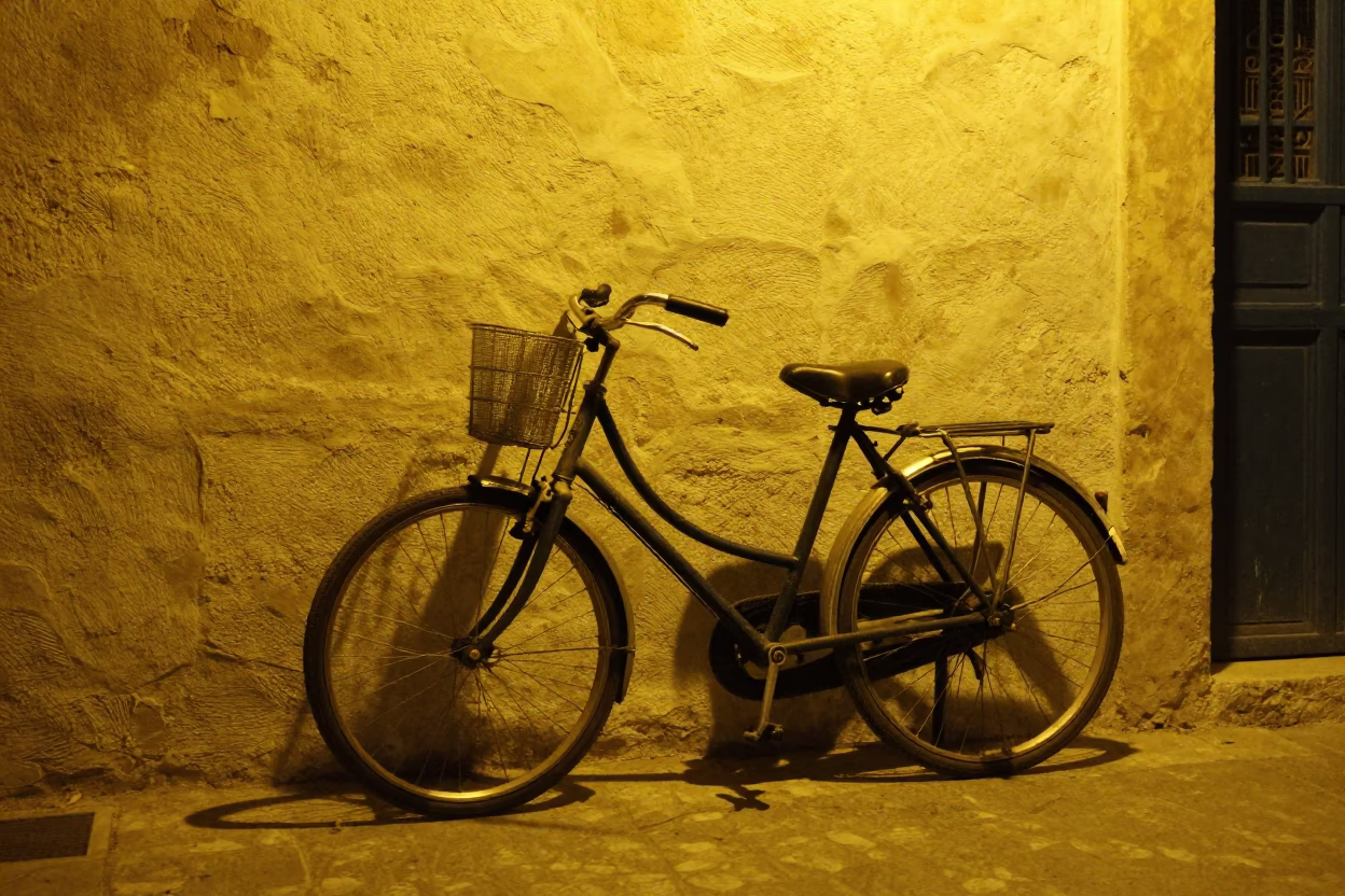 Tunis Tunisia Night Street Scene With Bicycle And Glass Sugar Jar in in Tunis, Tunisia