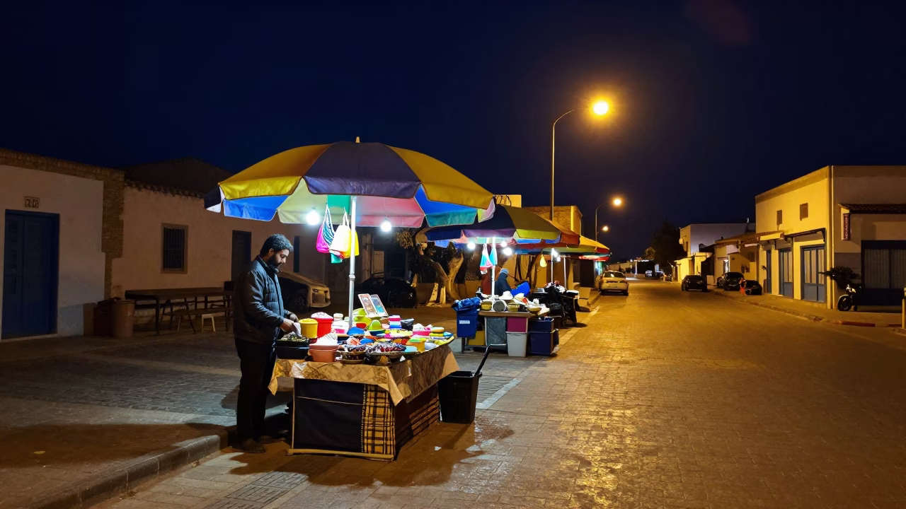 Tunis Tunisia Night Street Scene with Umbrella Stand and Colorful 1980s Fashion in in Tunis, Tunisia