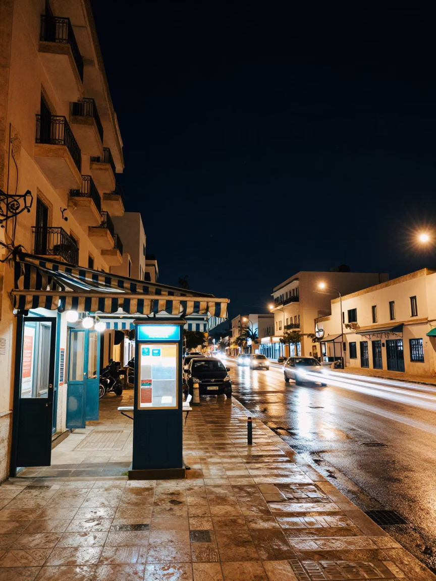 Tunis Tunisia Night Street Scene with Valet Stand and Hotel Awning Reflections in in Tunis, Tunisia