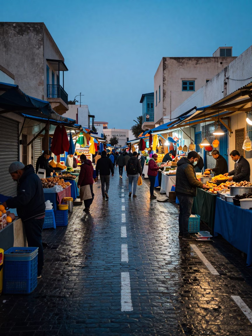 Tunis Tunisia Pre-Dawn Street Market Preparation with Drawbridge Deck Markings and Morning Mist in in Tunis, Tunisia