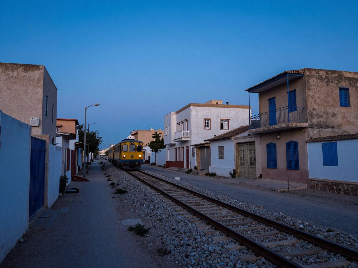 Tunis Tunisia Pre-Dawn Street Scene Narrow Gauge Train Passing Residential Quarter in in Tunis, Tunisia