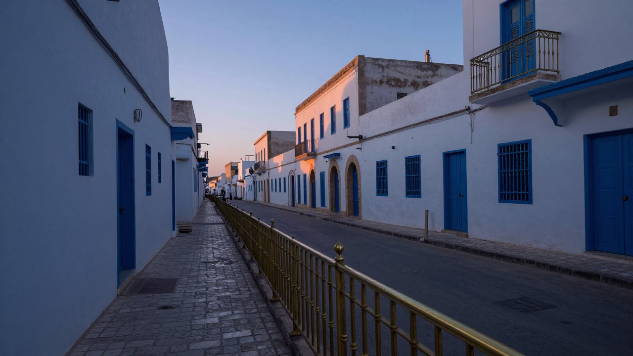 Tunis Tunisia Pre-Dawn Street Scene with Brass Rail and Morning Activity in in Tunis, Tunisia
