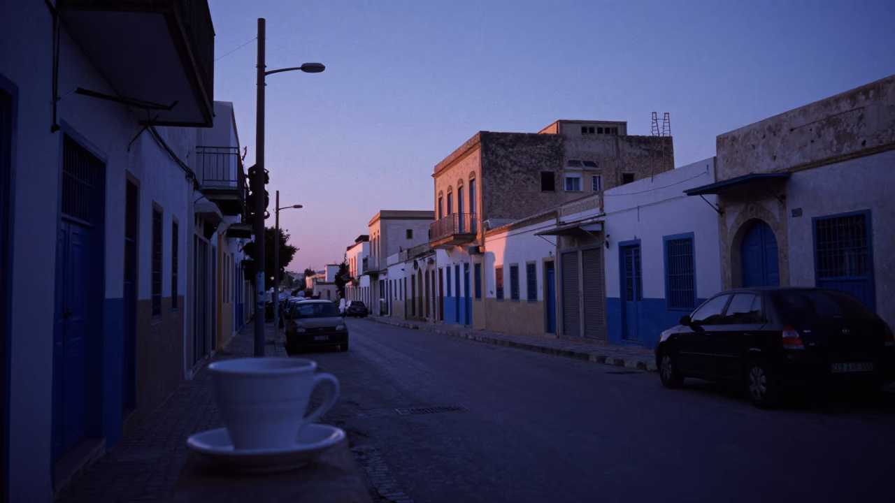 Tunis Tunisia Pre-Dawn Street Scene with Ceramic Cup and Power Substation in in Tunis, Tunisia