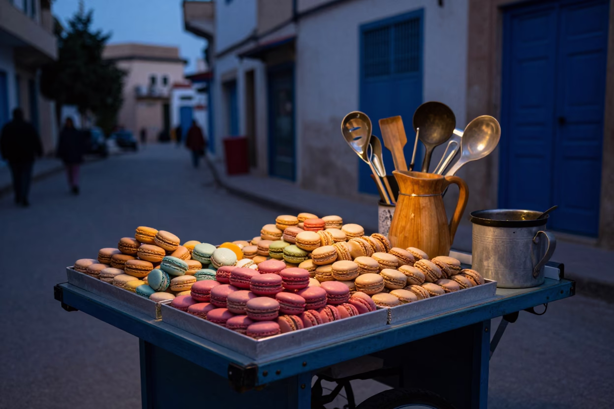 Tunis Tunisia predawn street scene with colorful macarons and rustic kitchen utensils in in Tunis, Tunisia