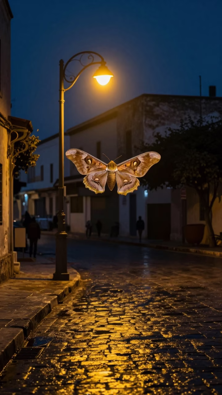 Tunis Tunisia predawn street scene with moth near lamp and night market food court in in Tunis, Tunisia