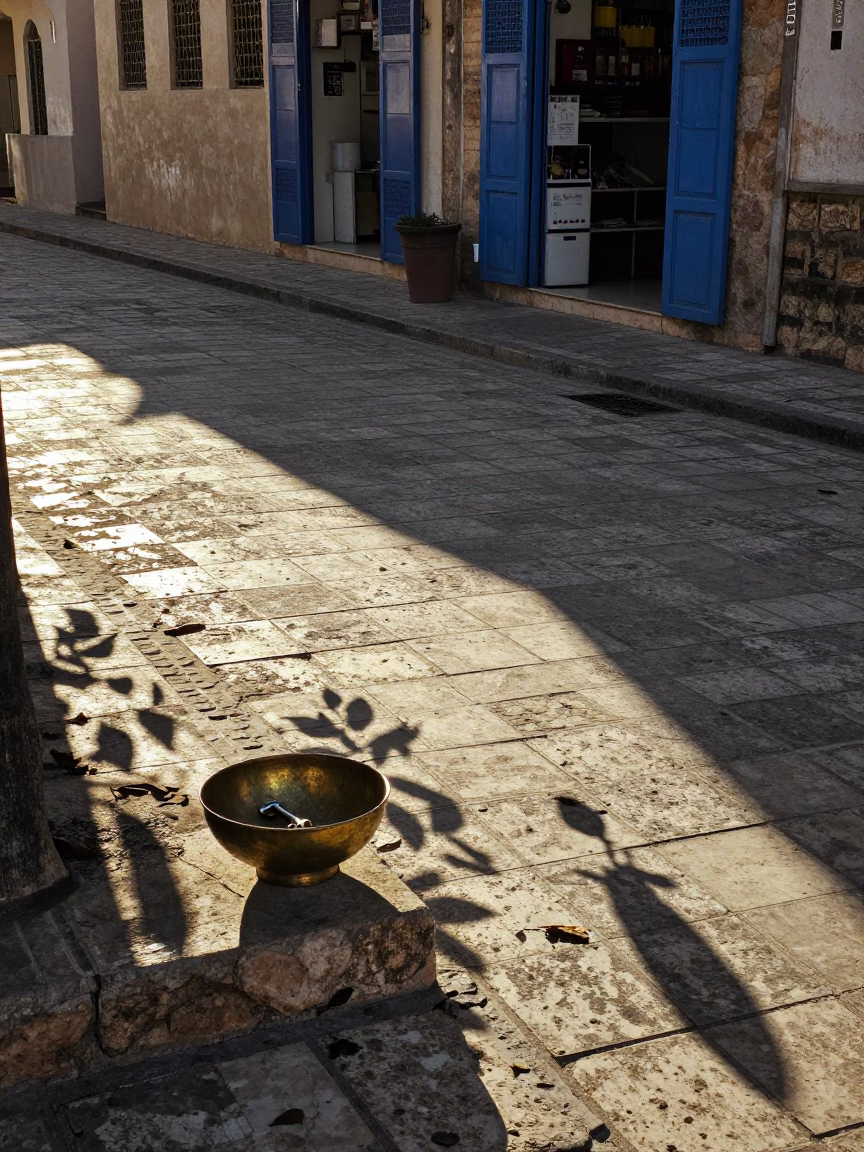 Tunis Tunisia Street Scene After Sunrise Leaf Shadows on Tile and Key Bowl in in Tunis, Tunisia