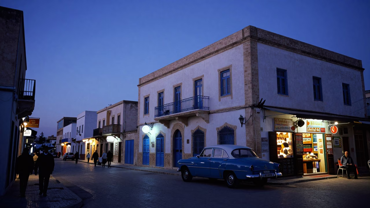 Tunis Tunisia street scene at blue hour showing traditional architecture and evening life in in Tunis, Tunisia