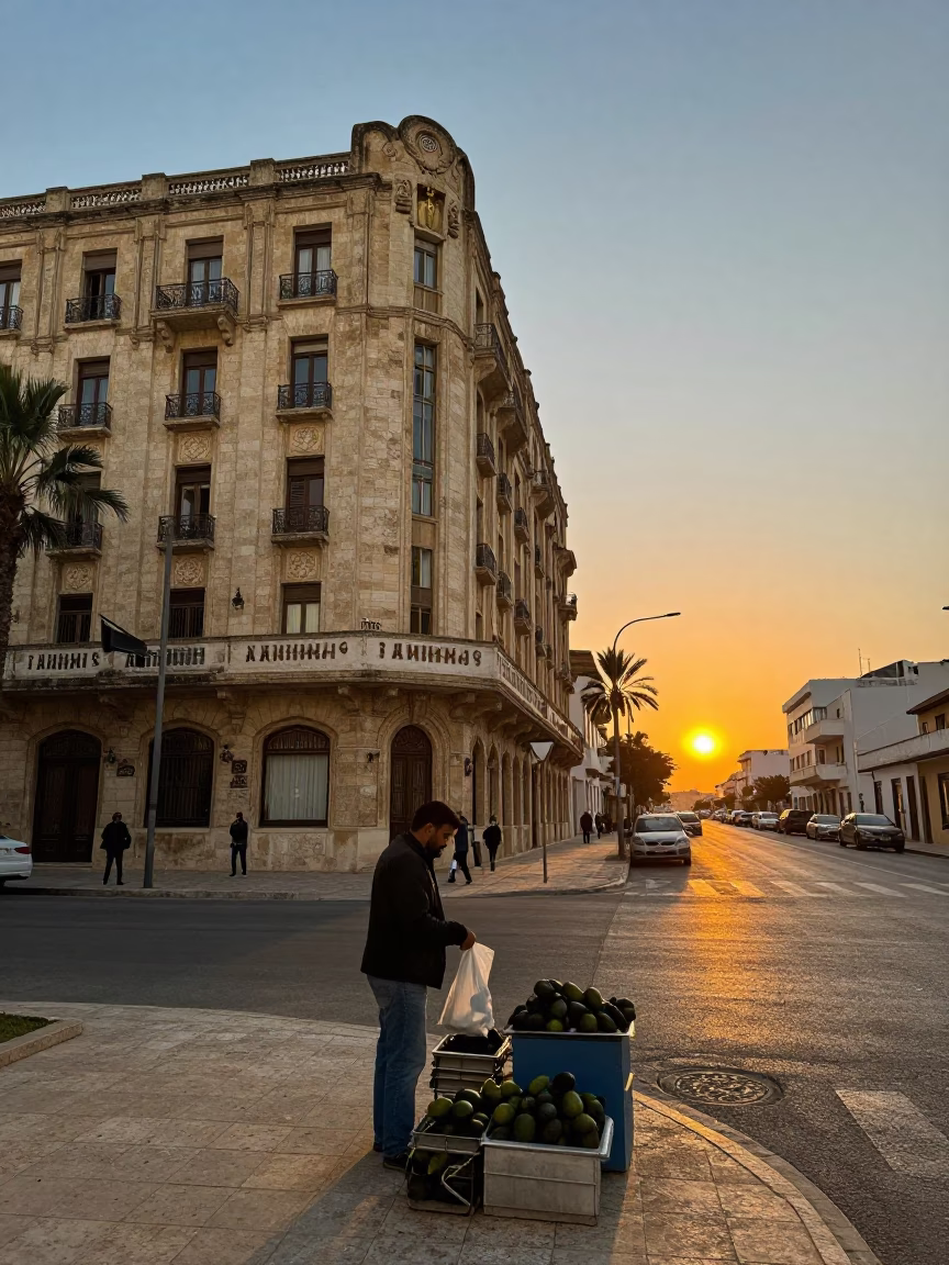 Tunis Tunisia Street Scene at Dusk with Art Deco Hotel Facade and Local Life in in Tunis, Tunisia