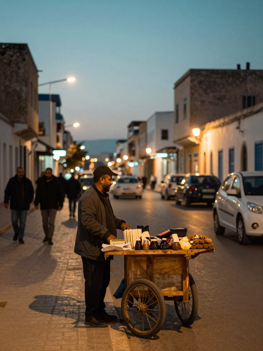 Tunis Tunisia Street Scene at Dusk with Local Vendor and Glass Sugar Jar in in Tunis, Tunisia