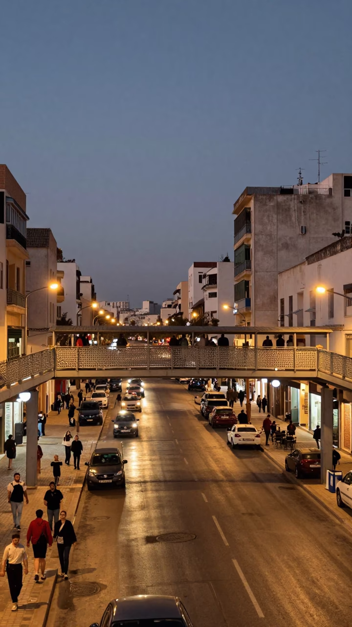 Tunis Tunisia Street Scene at Dusk with Pedestrian Overpass and Wet Footsteps in in Tunis, Tunisia