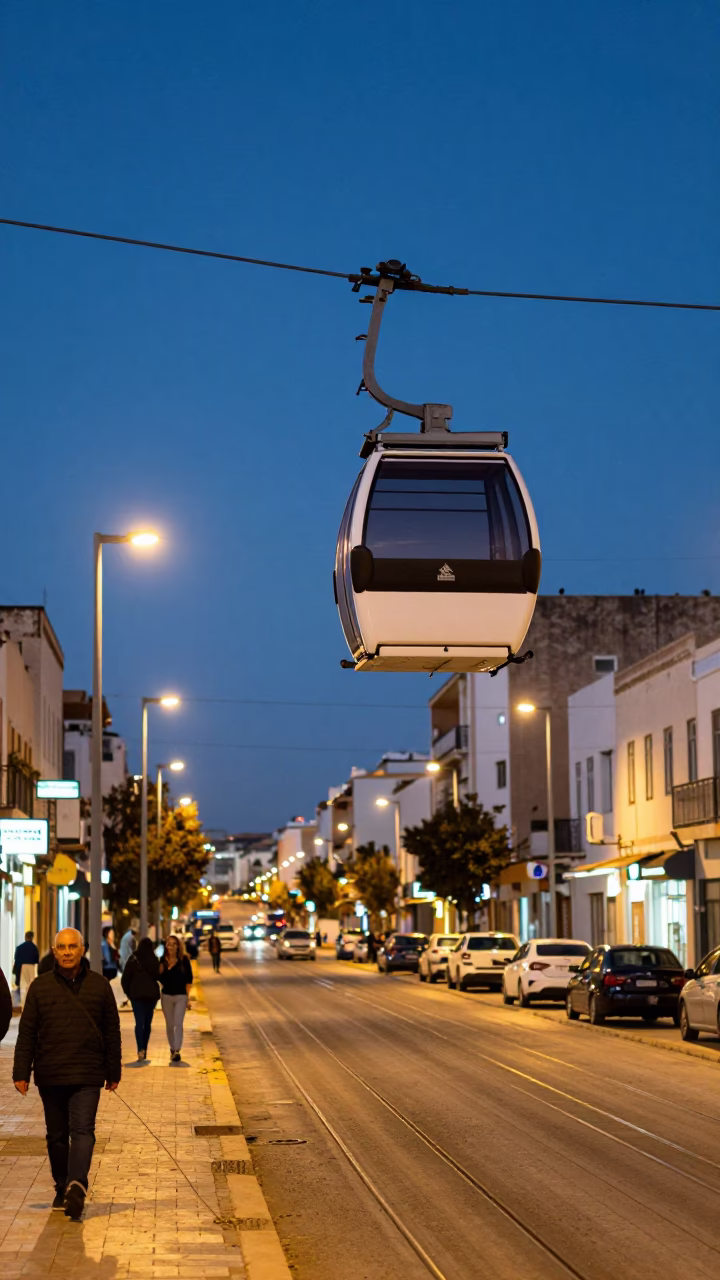Tunis Tunisia Street Scene at Dusk with Tramway Gondola and City Lights in in Tunis, Tunisia