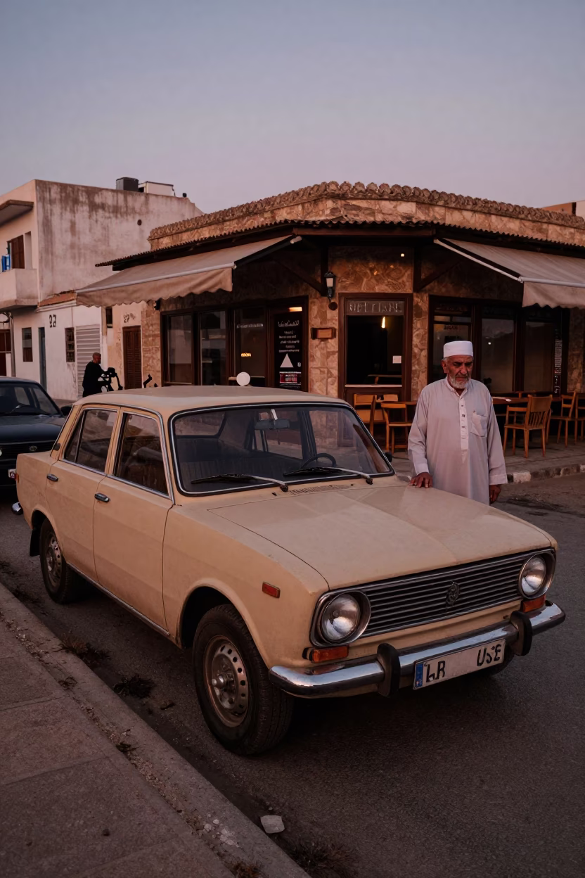 Tunis Tunisia Street Scene at Dusk with Vintage Car and Lantern Light in in Tunis, Tunisia